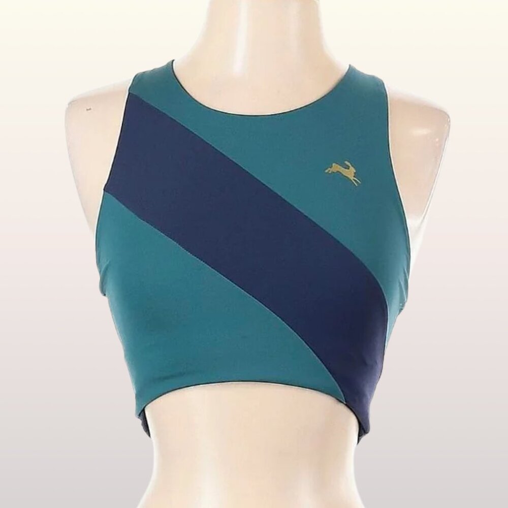 Tracksmith Bell Lap Crop Top size Medium Everglade Green Navy Sash Rabbit Logo - Picture 2 of 7